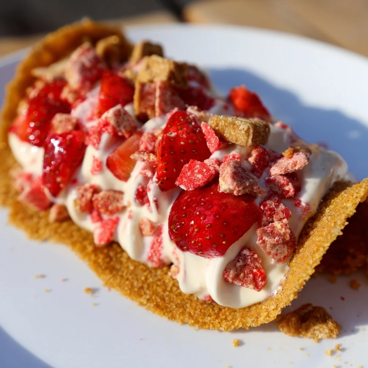 Crisp tortilla taco filled with fluffy cheesecake mixture, sweet strawberries, and buttery crunch topping on white plate