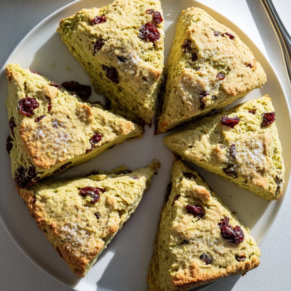 Golden green matcha cranberry scones on a wire rack, ready for breakfast