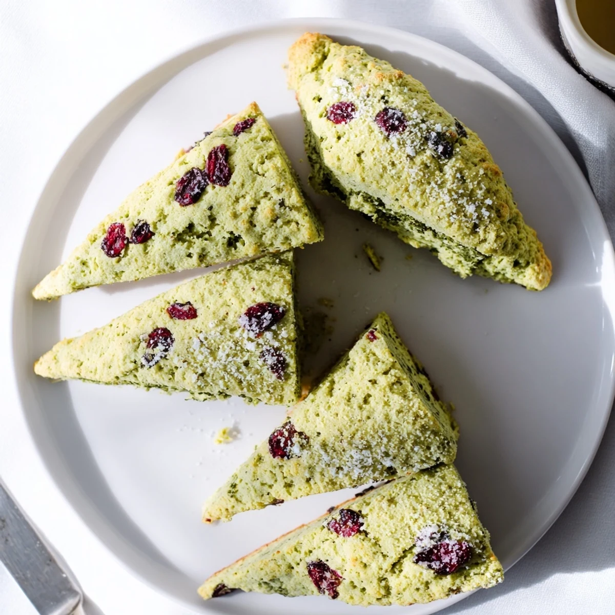 Flaky buttery matcha cranberry scones sprinkled with coarse sugar on wooden board