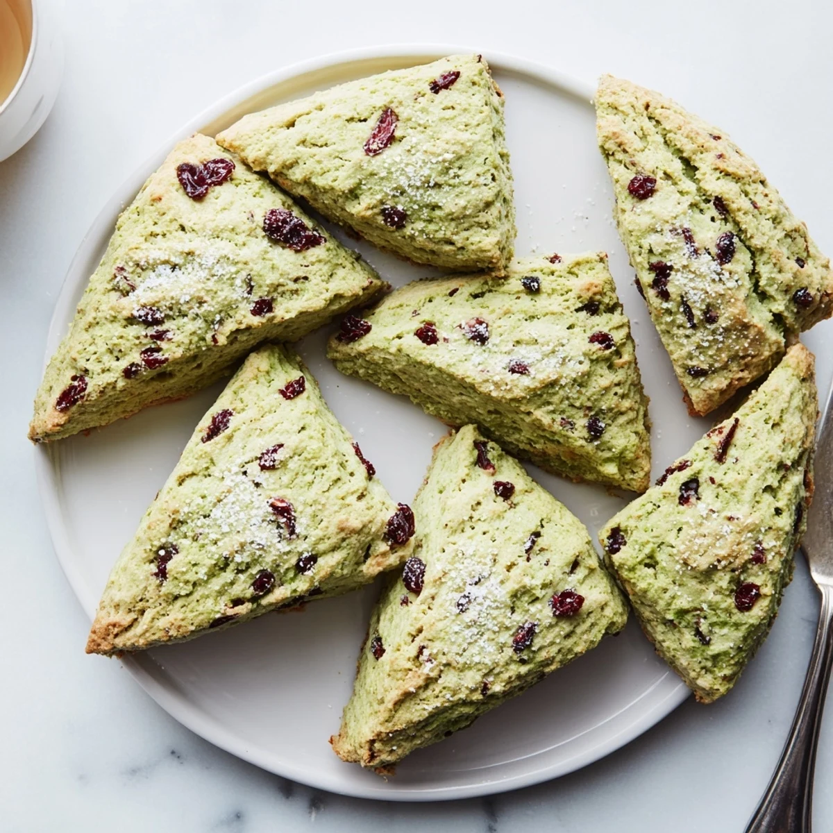 Triangle-shaped matcha cranberry scones with red dried berries, served warm with tea