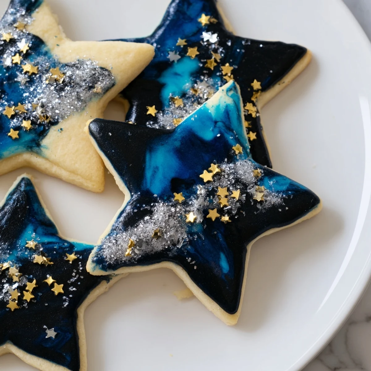Vanilla starry night sugar cookies with dark blue marbled glaze and golden star sprinkles