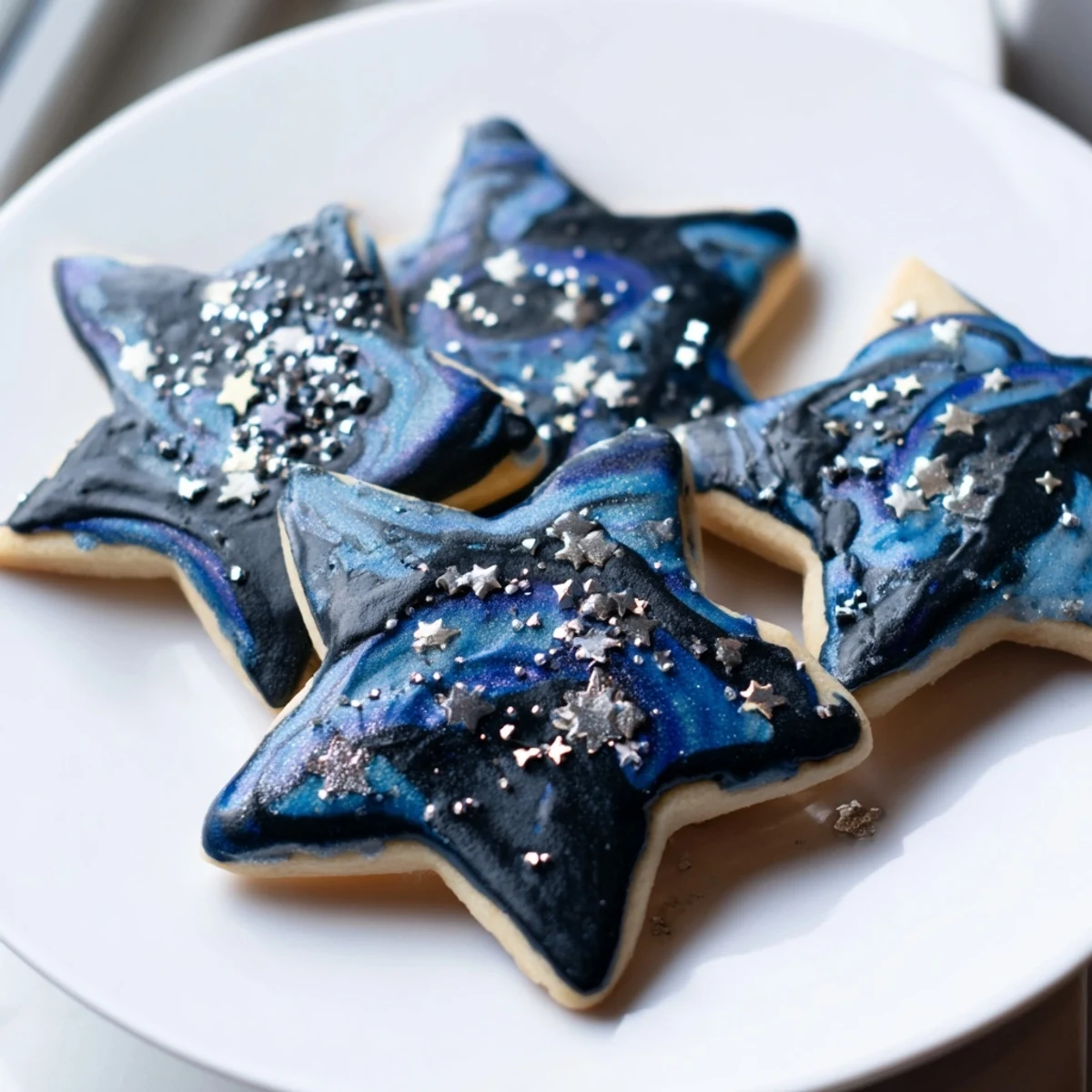 Handheld starry night sugar cookies featuring celestial blue marble design and shimmering star decorations