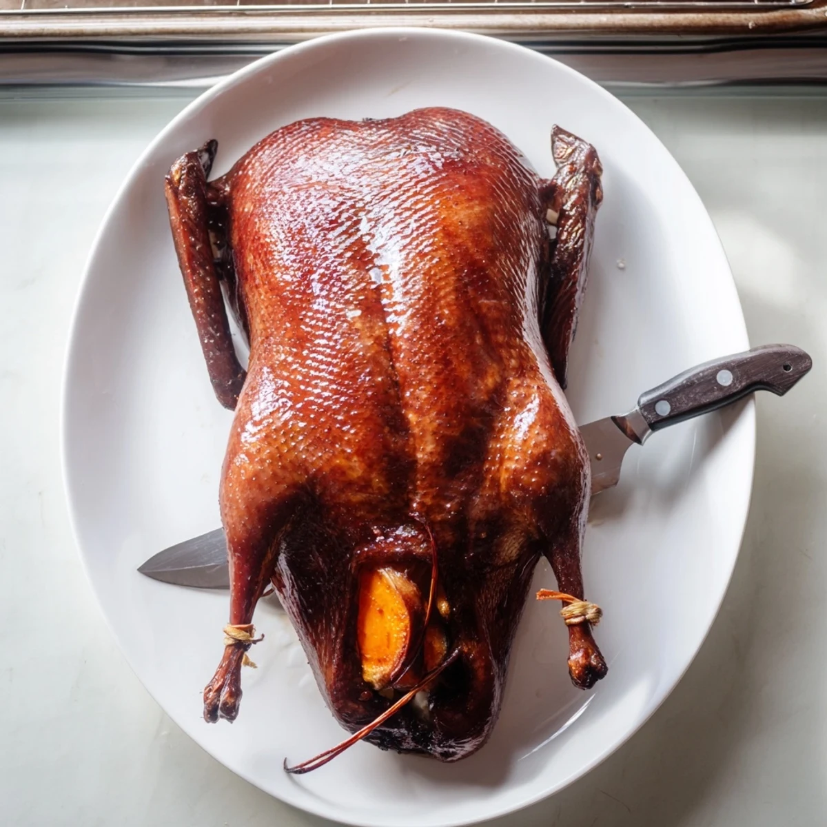 Succulent five-spice roasted duck carved into juicy slices on a white serving platter