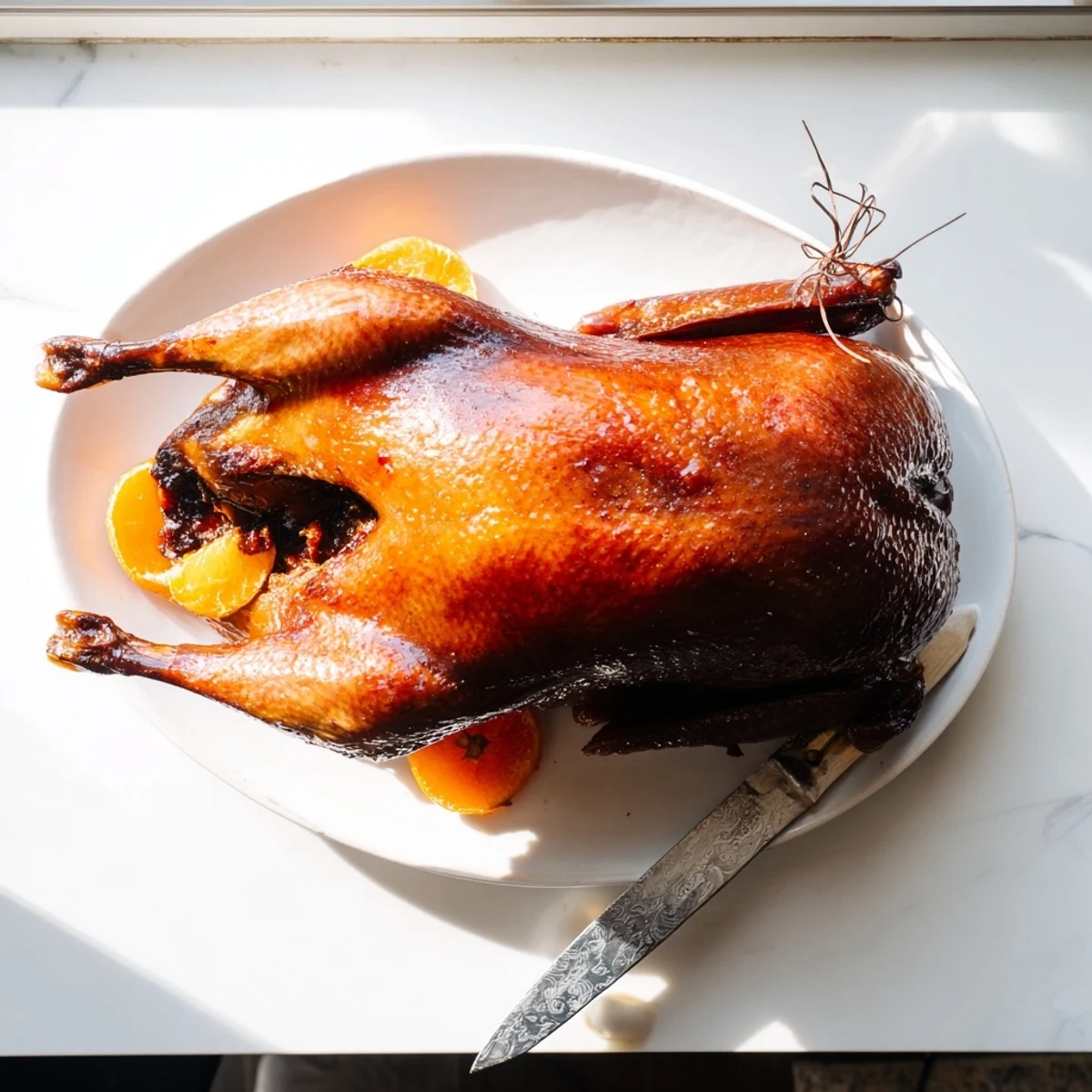 Whole Cantonese-style roast duck with glistening amber skin and fragrant spice rub