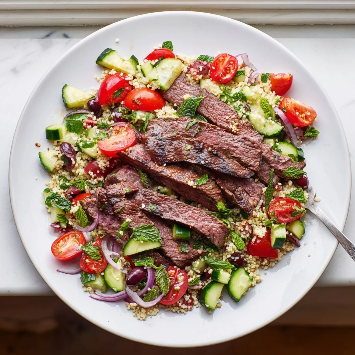 Golden grilled skirt steak slices arranged over fluffy couscous salad with vibrant cherry tomatoes, cucumber, and fresh herbs drizzled with zesty lemon dressing on a white serving platter