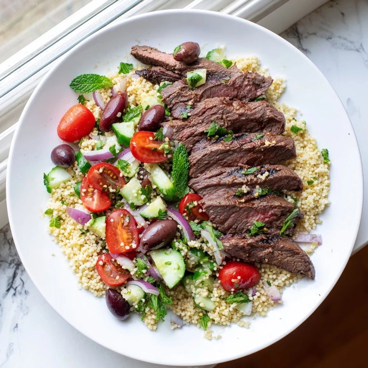 Sliced medium-rare skirt steak rests atop Mediterranean couscous salad featuring colorful halved tomatoes, diced cucumber, red onion, Kalamata olives, and chopped mint parsley tossed in tangy honey mustard vinaigrette