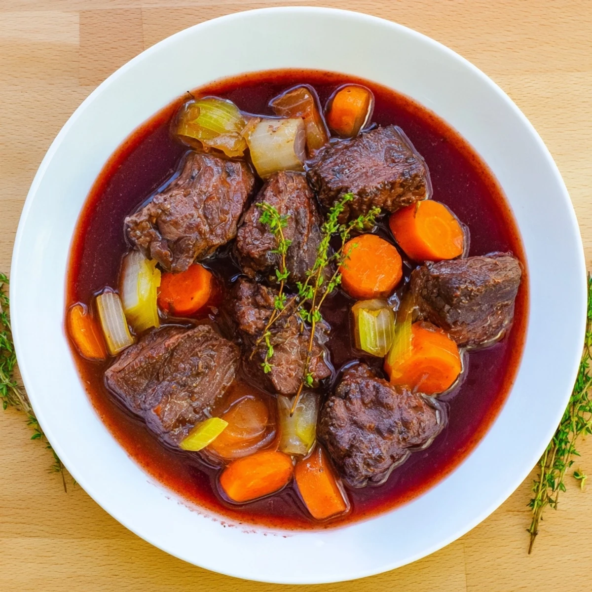 Fork-tender melt in your mouth red grape juice braised chuck roast resting on a white platter with braised vegetables and fresh herbs