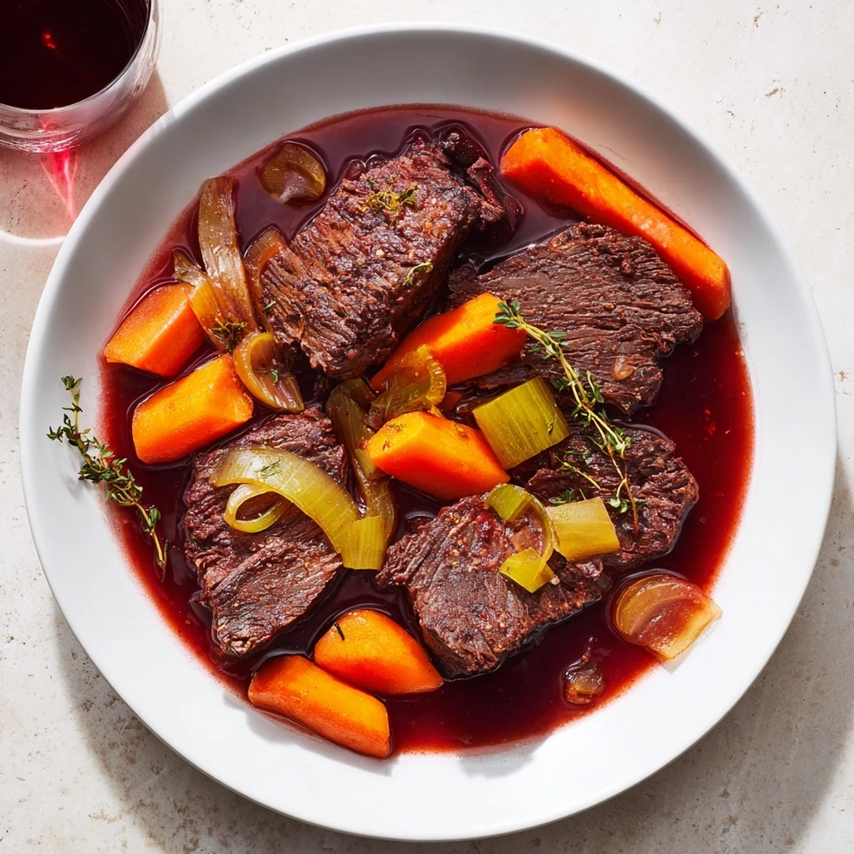 Golden slices of melt in your mouth red grape juice braised chuck roast served alongside tender carrots and celery in a rich dark gravy