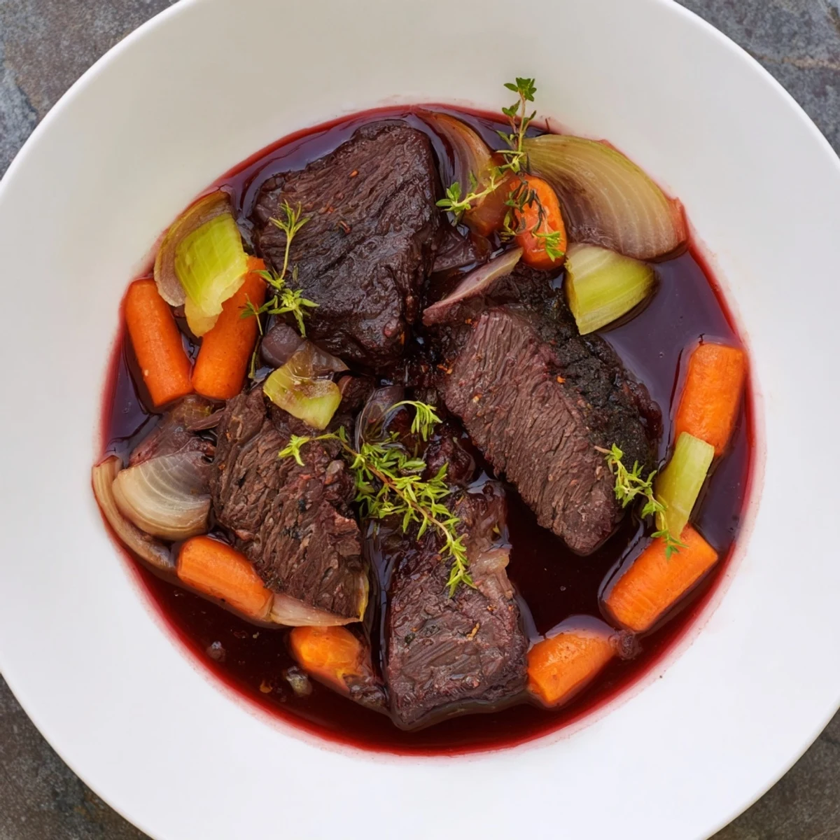 Succulent shred of melt in your mouth red grape juice braised chuck roast glistening with savory juices over roasted root vegetables