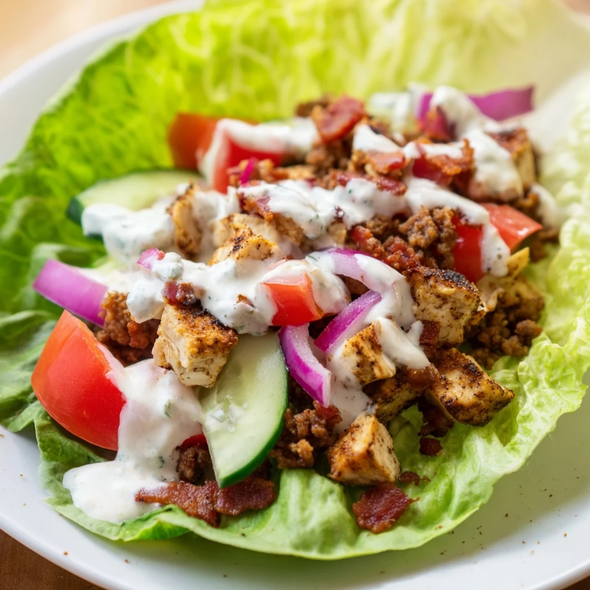 Crispy chicken beef bacon lettuce wraps drizzled with creamy ranch and fresh vegetables