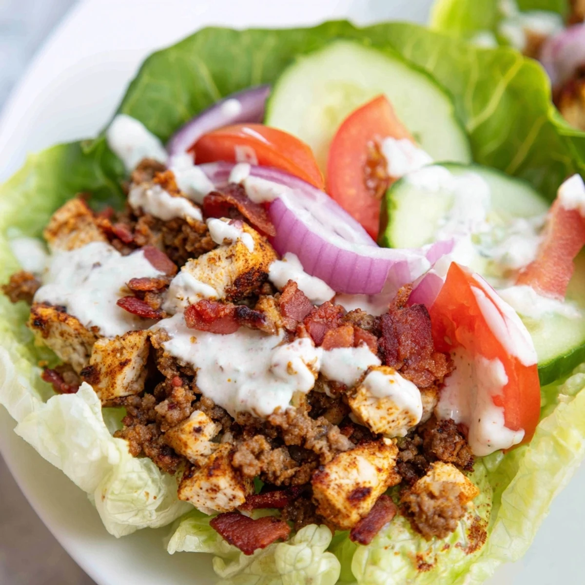 Protein-packed lettuce cups filled with seasoned chicken, ground beef, and bacon topped with ranch