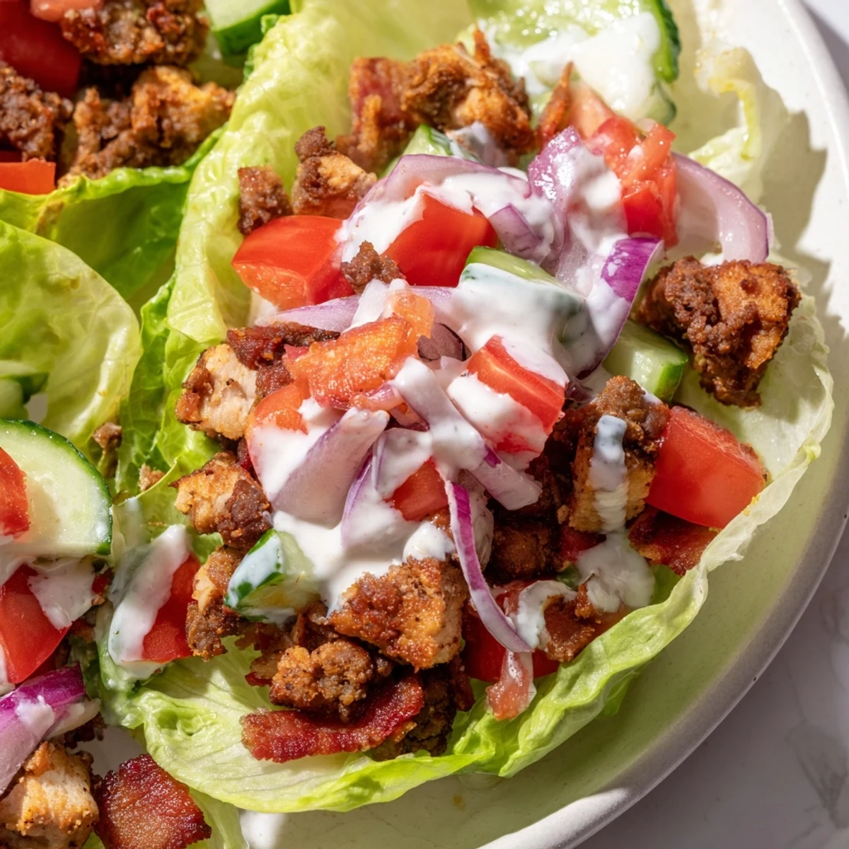 Hearty low-carb chicken and beef lettuce wraps featuring crispy bacon and cool ranch dressing
