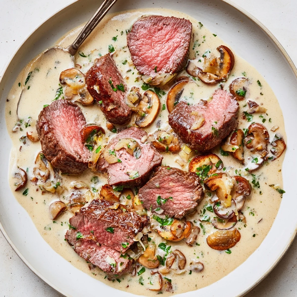 Sliced beef tenderloin with melt-in-your-mouth texture drizzled with velvety creamy mushroom sauce