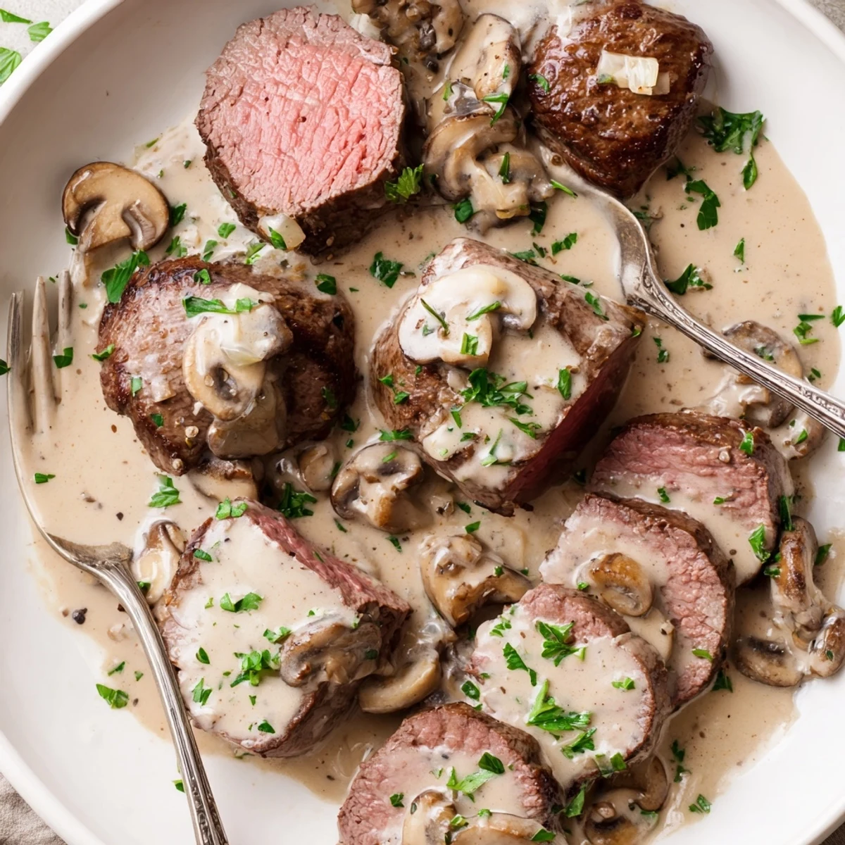 Perfectly roasted medium-rare beef tenderloin plated with rich white wine mushroom cream sauce