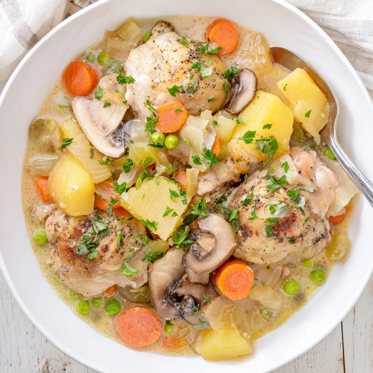 Golden brown French chicken casserole bubbling in a Dutch oven with tender vegetables and herbs