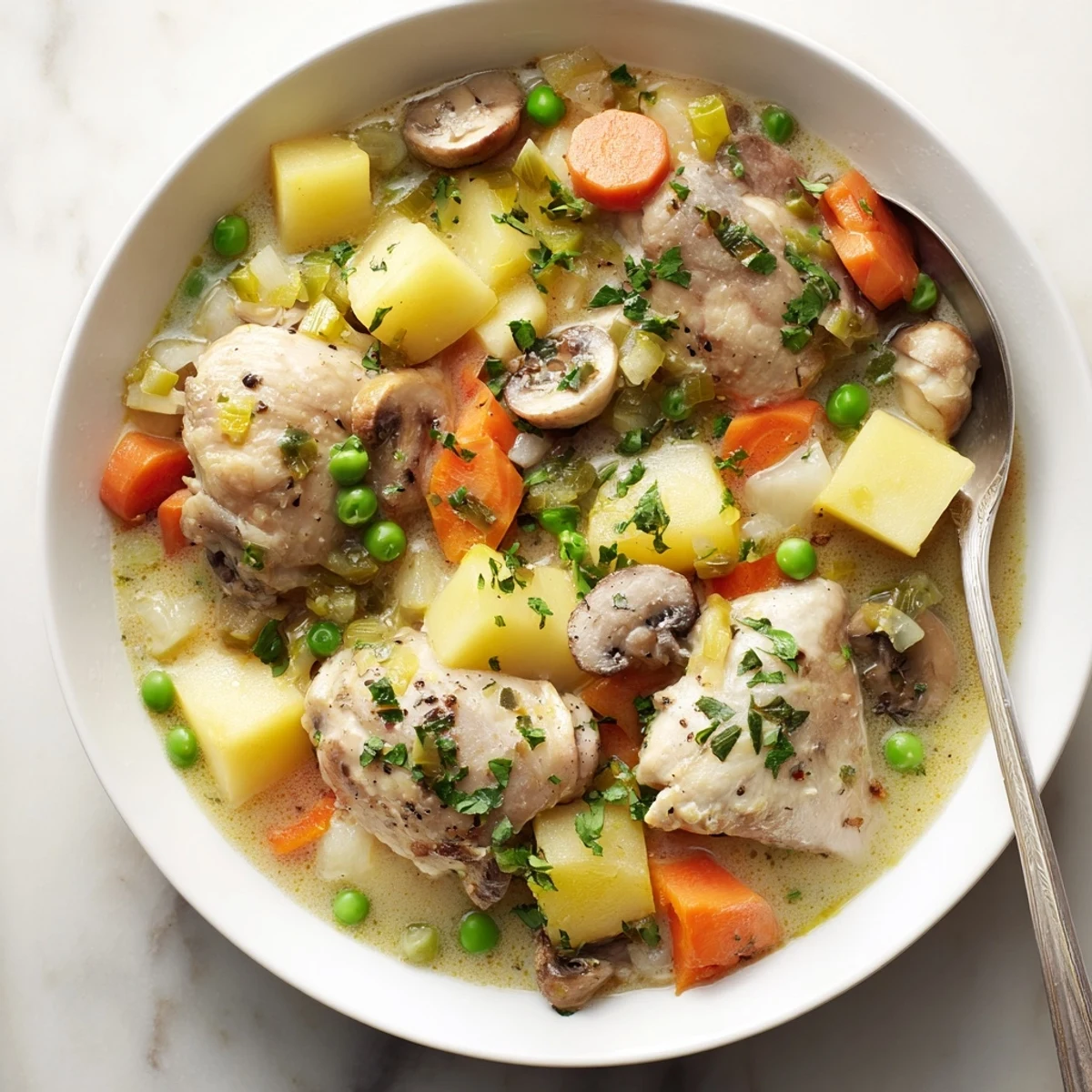 Savory French chicken casserole featuring seared chicken thighs nestled with carrots, celery, and potatoes