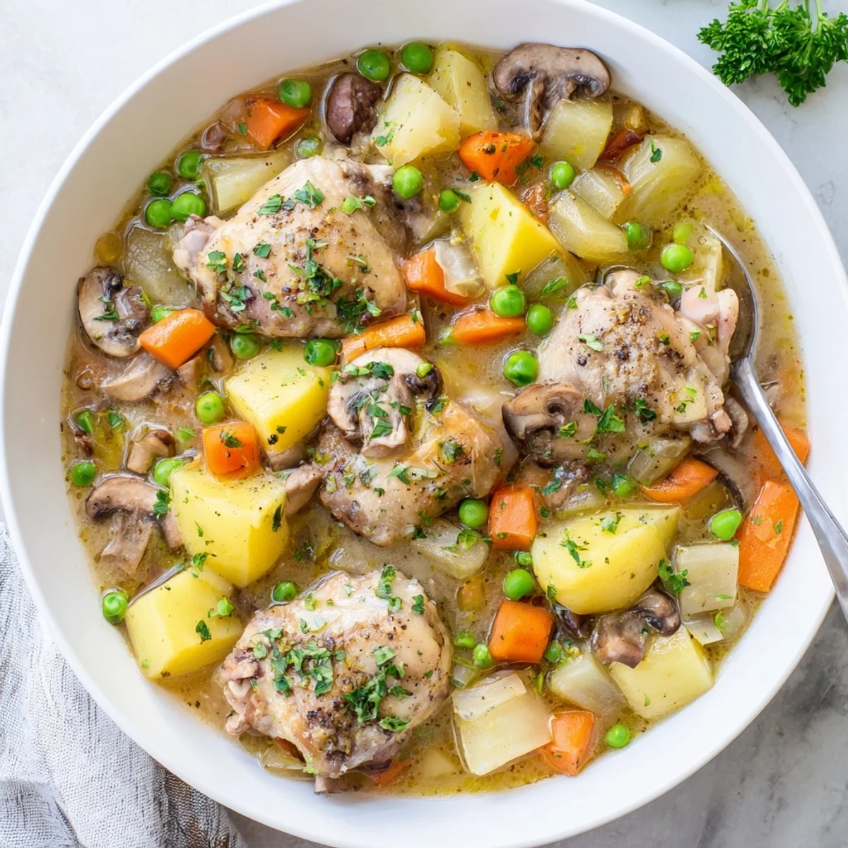 Rustic French chicken casserole served hot with fresh parsley sprinkled over the creamy white wine sauce