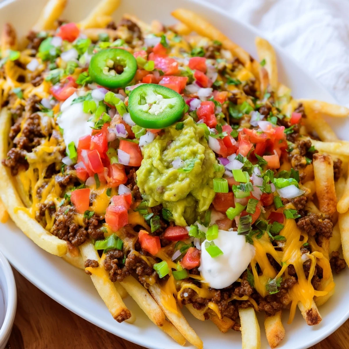 Golden crispy fries piled high with seasoned taco beef and melted cheddar cheese