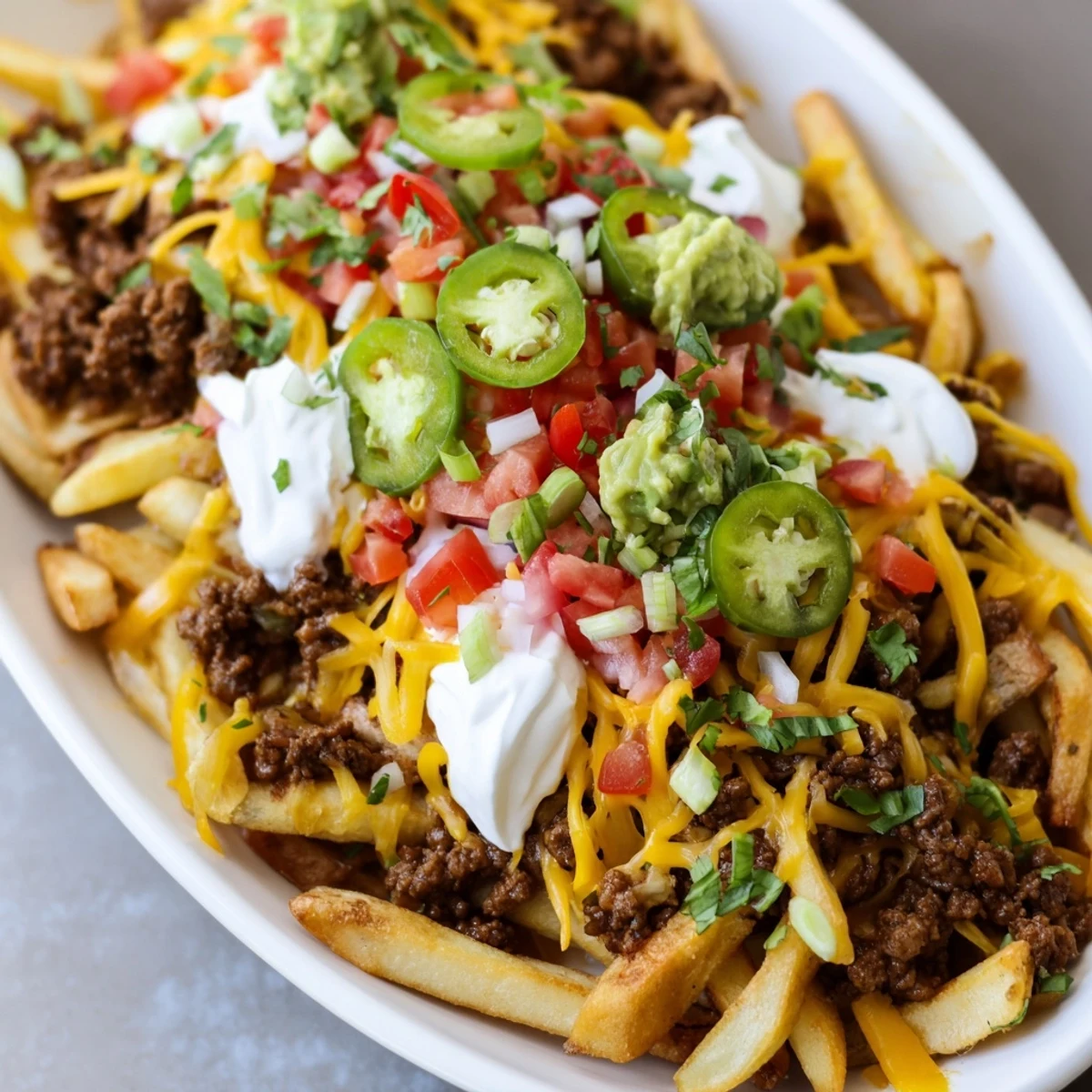 Baked fries layered with spiced ground beef, Monterey Jack, and colorful garden toppings