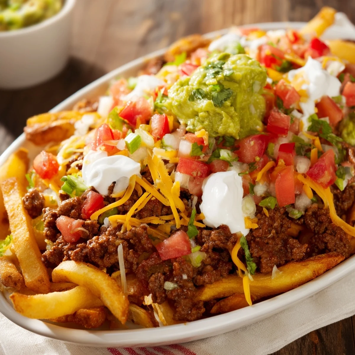 Loaded taco beef fries topped with fresh tomatoes, sour cream, and sliced jalapeños