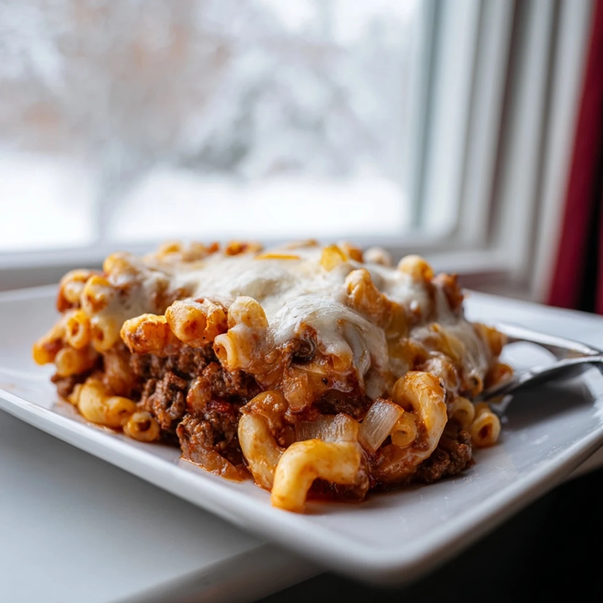 Golden cheesy Garlic Butter Beefaroni baked in a dish with melted mozzarella and Parmesan topping