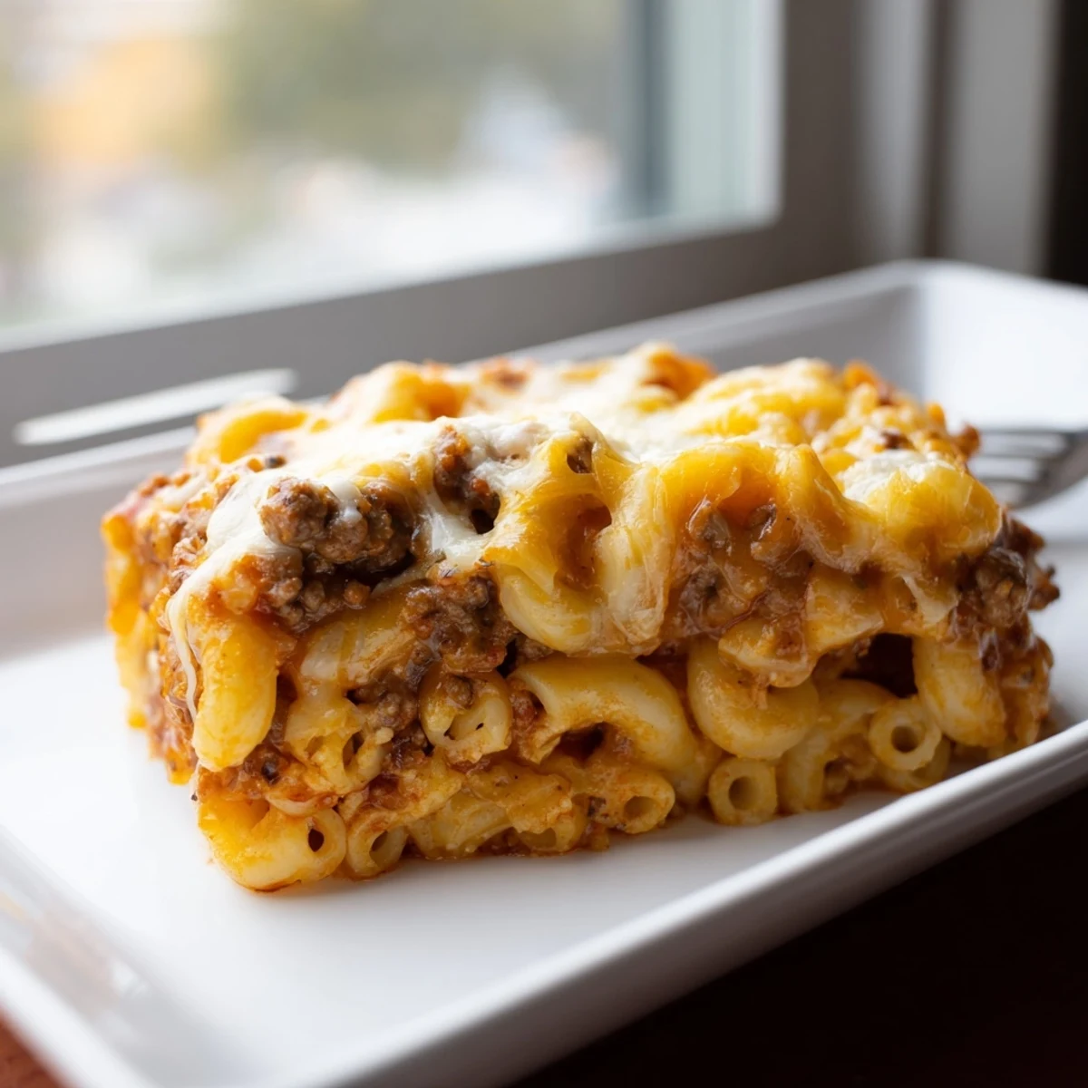 Family-style baking dish of homemade Garlic Butter Beefaroni fresh from the oven with bubbling cheese layer