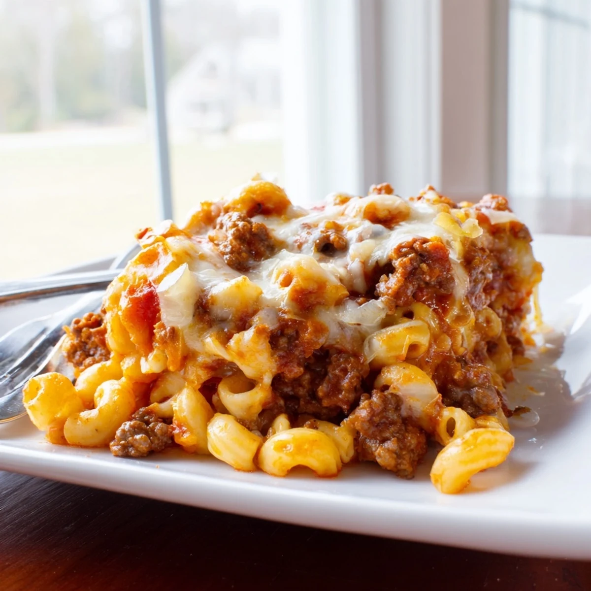 Heaping spoonful of Garlic Butter Beefaroni showcasing tender macaroni, ground beef, and rich tomato garlic butter sauce