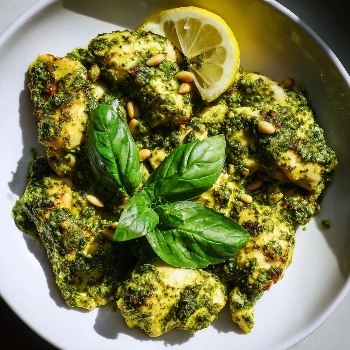 Close up of herb crusted lemon basil pesto chicken resting on white ceramic baking dish