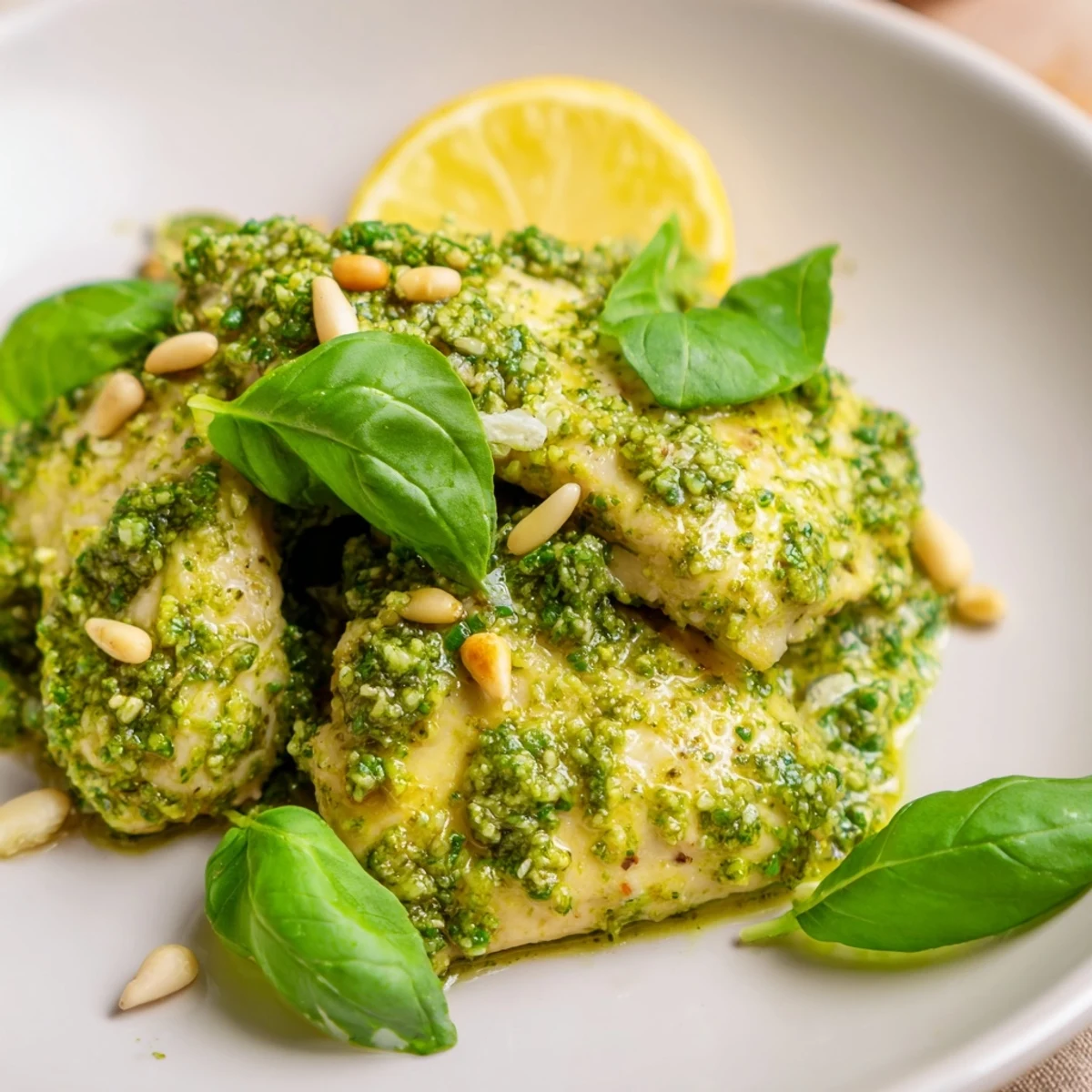 Golden baked lemon basil pesto chicken with vibrant green sauce drizzling over tender juicy meat