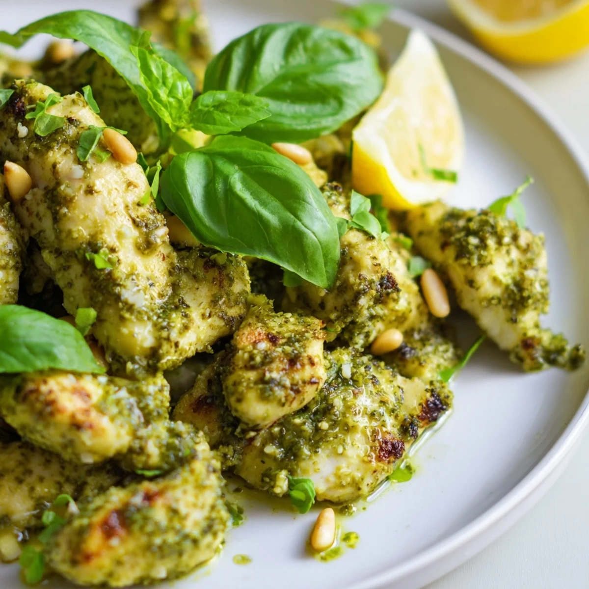 Savory lemon basil pesto chicken garnished with fresh basil leaves and lemon wheel slices on plate