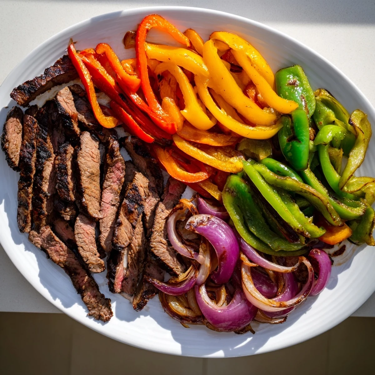 Sizzling grilled steak fajita platter with colorful peppers, onions, and warm tortillas ready for serving
