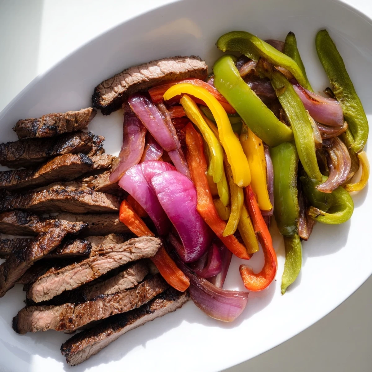 Steak fajita spread topped with fresh avocado, cilantro, and lime wedges for a complete dinner