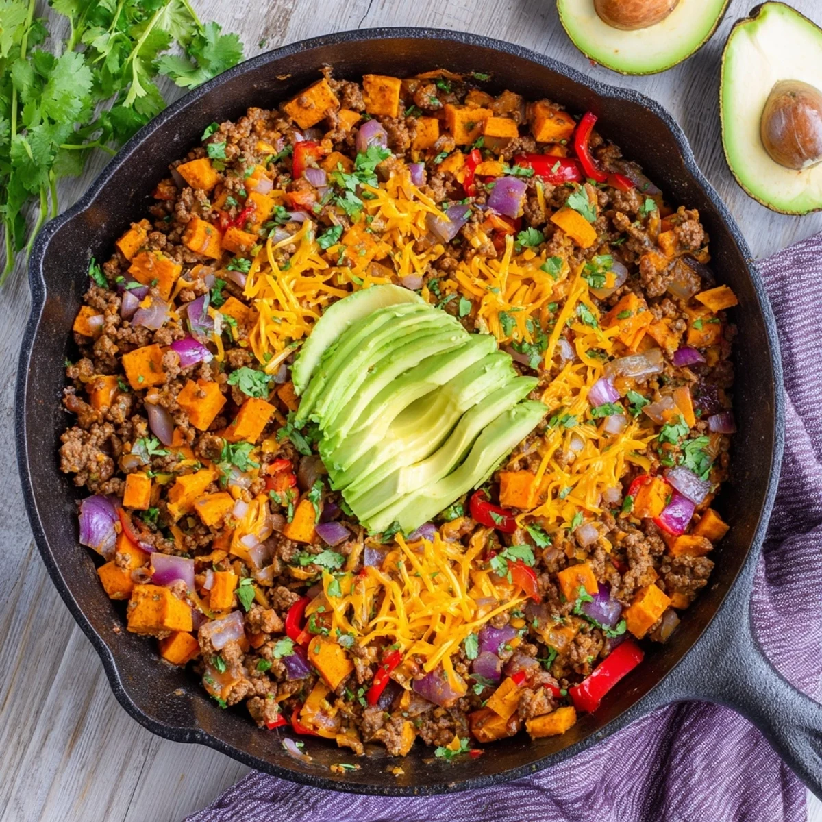 Colorful one-pan Southwest ground beef and sweet potato dish garnished with fresh cilantro and avocado