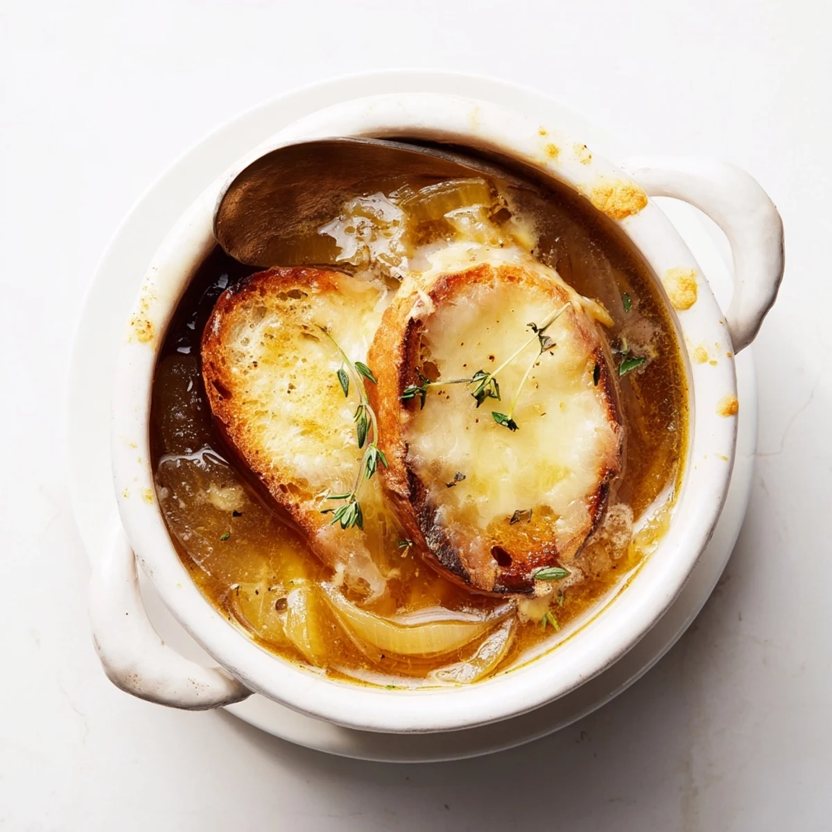 Golden brown French onion soup topped with melted Gruyère cheese and crusty toasted baguette