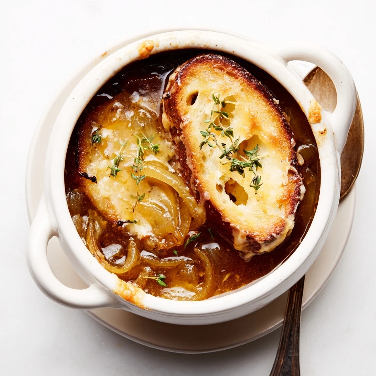 Steaming bowl of rich French onion soup with bubbling cheese and bread garnish