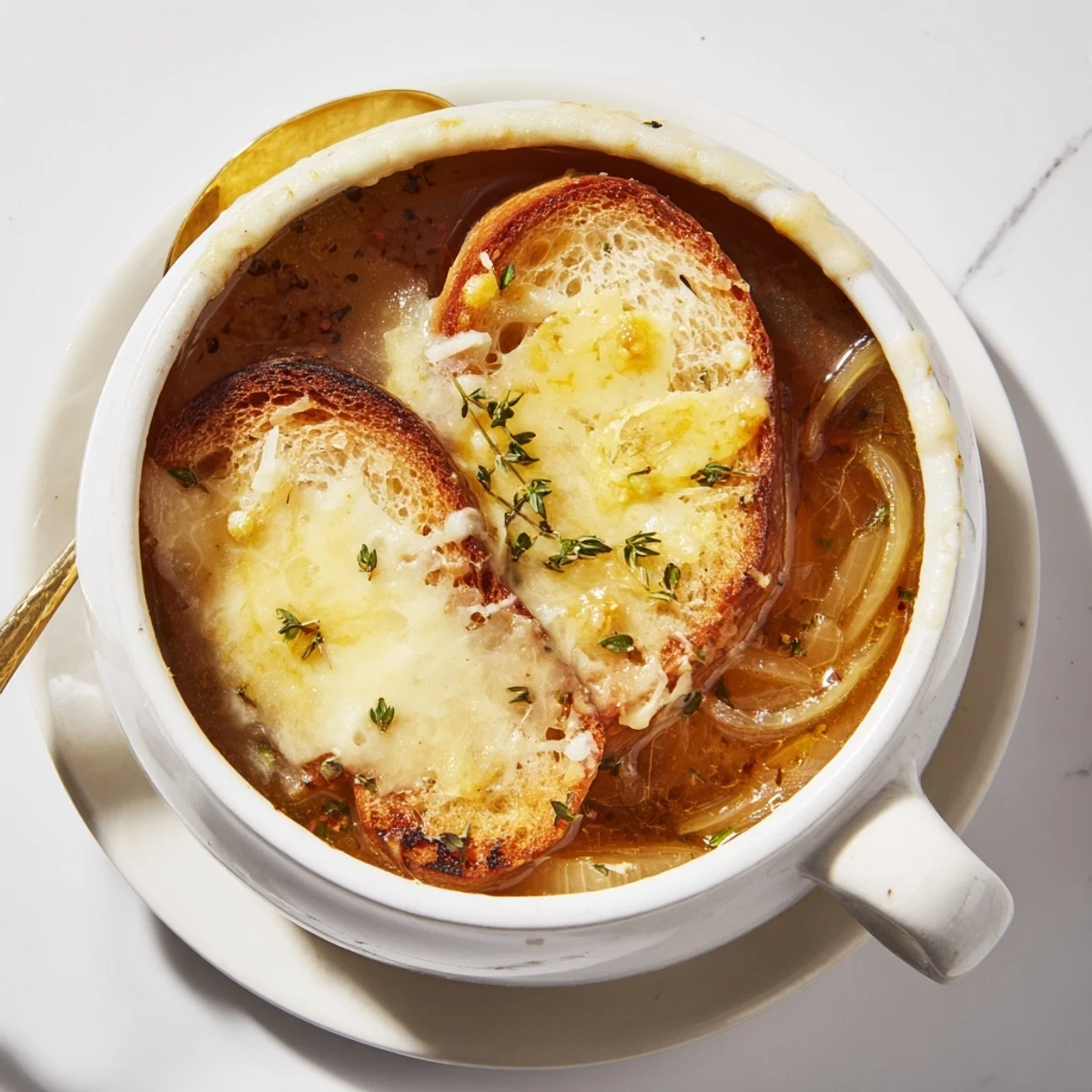 Oven-broiled French onion soup featuring caramelized onions under a blanket of Gruyère