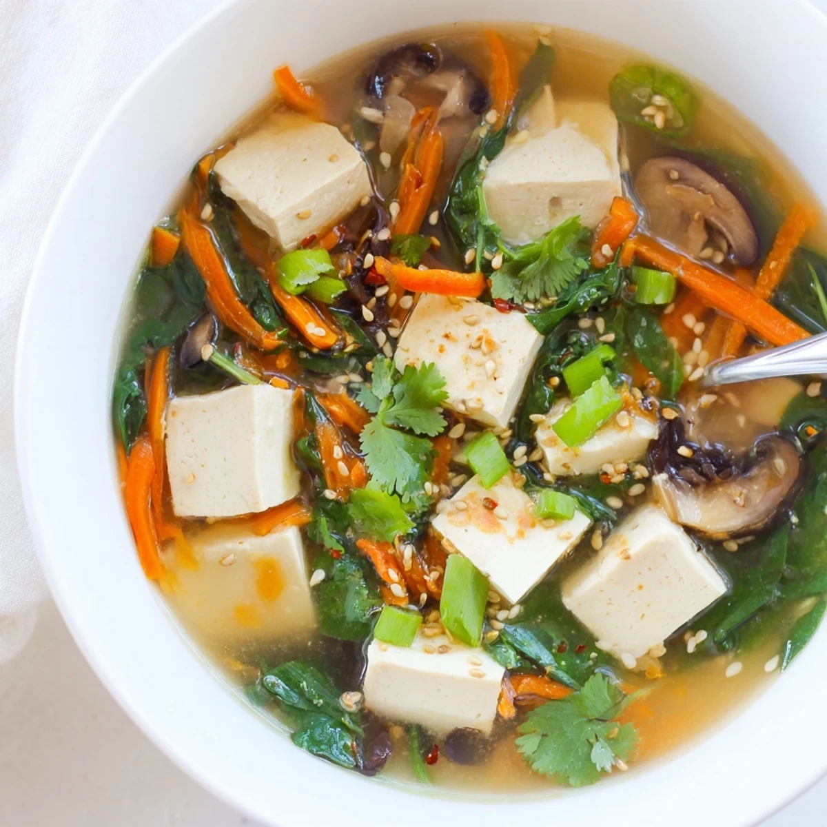 Steamy bowl of warm tofu soup featuring silky cubes floating in savory miso vegetable broth