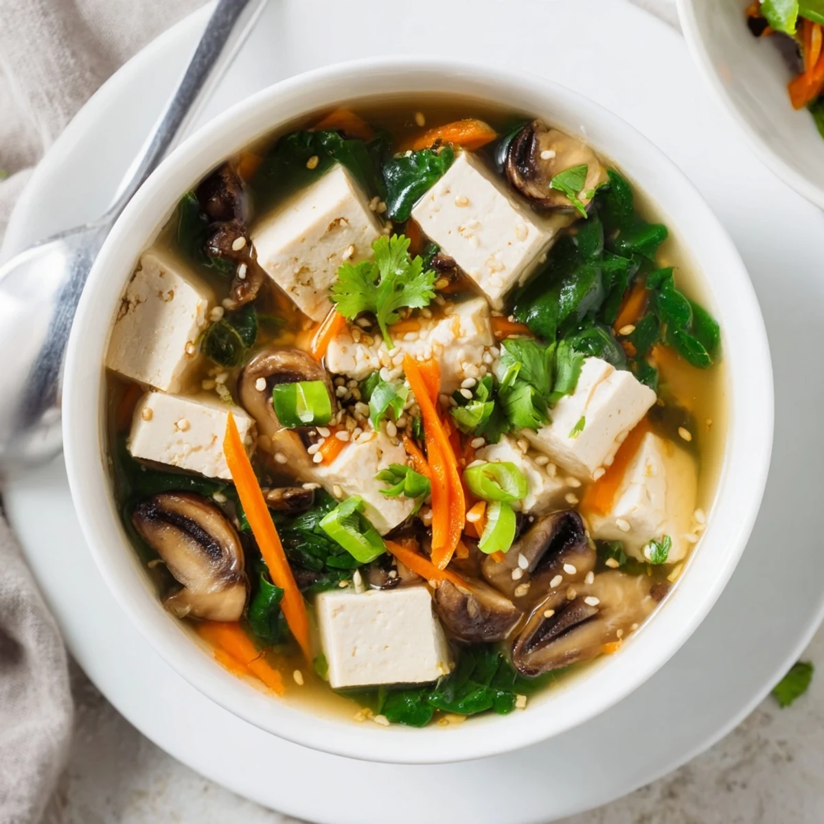 Comforting warm tofu soup garnished with sesame seeds and green onions in light vegetable stock