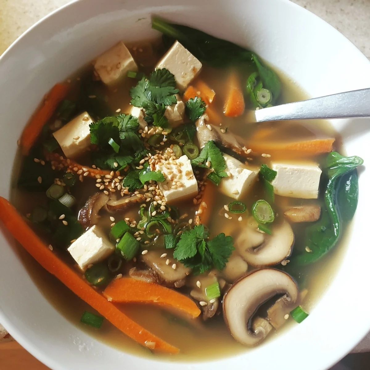 Hearty warm tofu soup brimming with fresh mushrooms, carrots, and spinach in aromatic broth