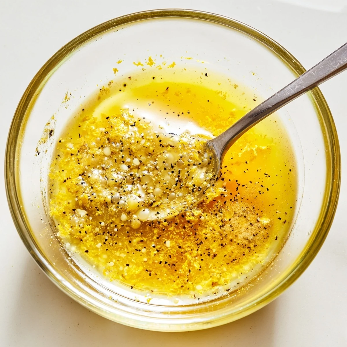 Creamy bright lemon vinaigrette dressing whisked in white bowl with fresh lemon wedges and herbs