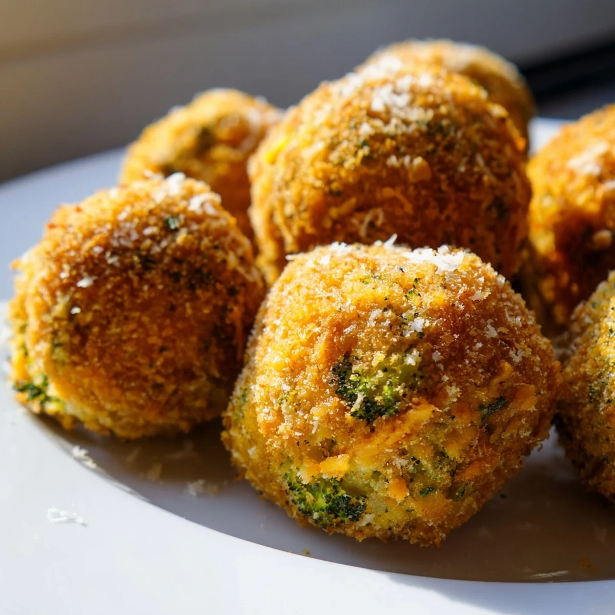 Golden baked broccoli and cheese balls arranged on a white serving platter with marinara dip