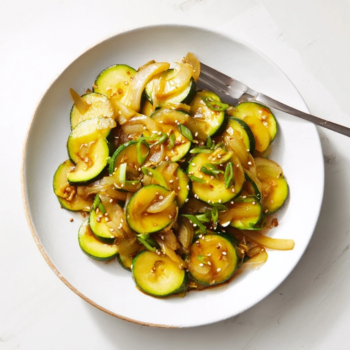 Golden zucchini half-moons and caramelized onions glisten with savory Japanese stir fry sauce in a hot skillet