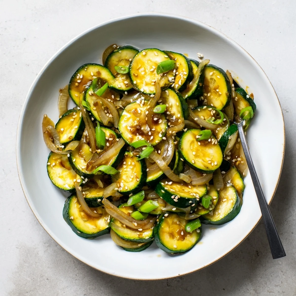 Glossy tender zucchini and sweet onion slices tossed in soy mirin glaze, garnished with fresh green onions and sesame seeds