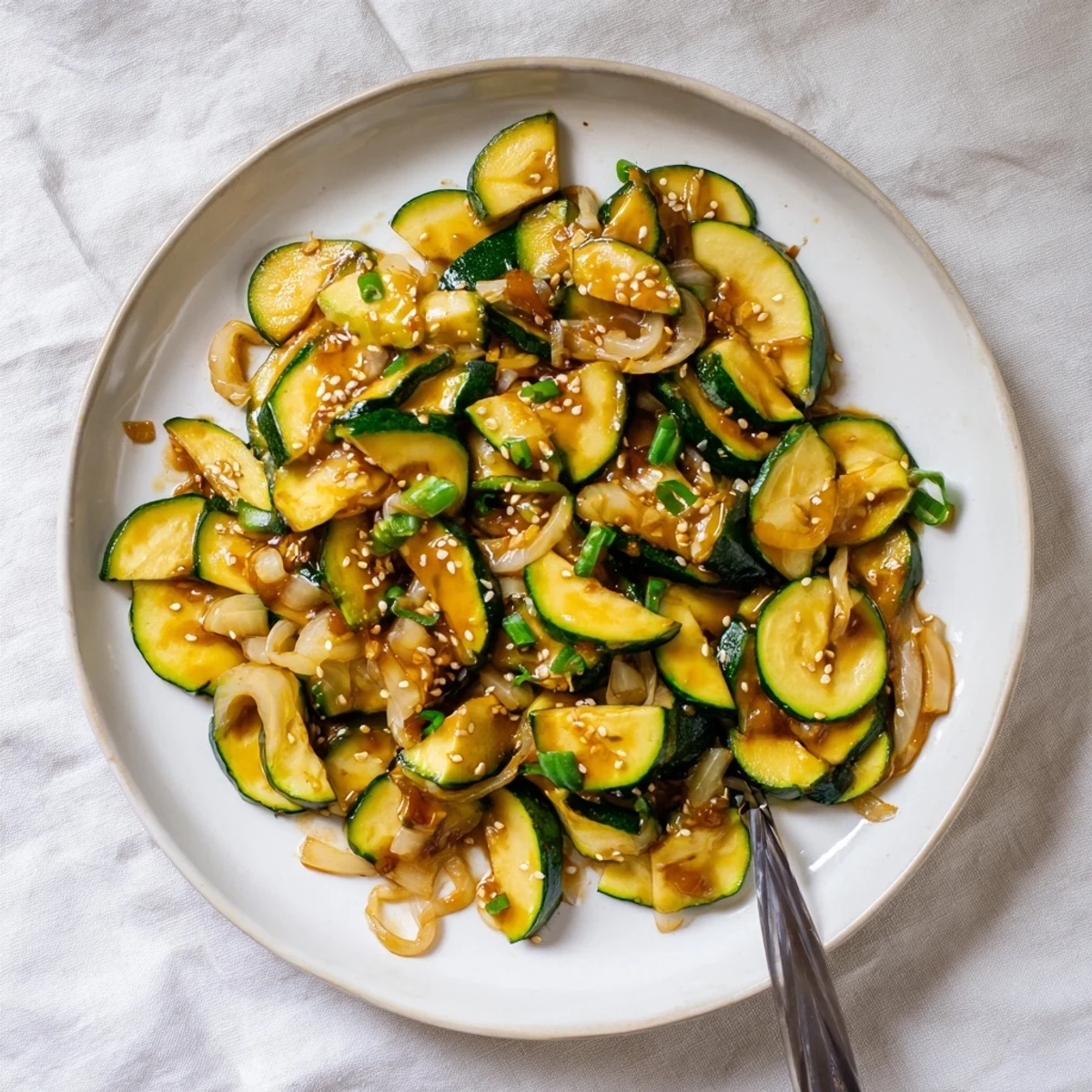 Light Japanese zucchini onion stir fry featuring crisp vegetables coated in a savory sesame soy sauce, perfect served over steamed rice