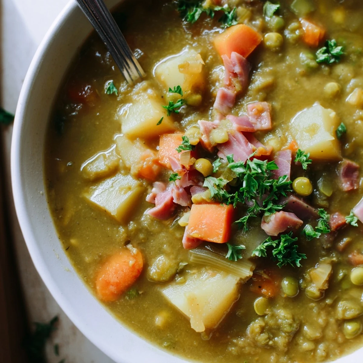 Creamy hearty split pea soup with tender vegetables and fresh parsley garnish in a white bowl