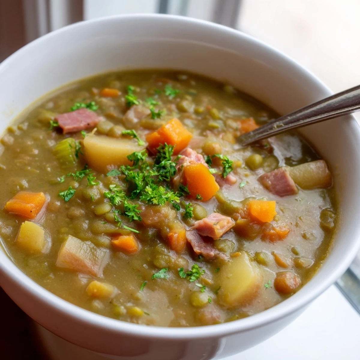 Steaming hearty split pea soup with chunky carrots and celery ladled into rustic serving bowls