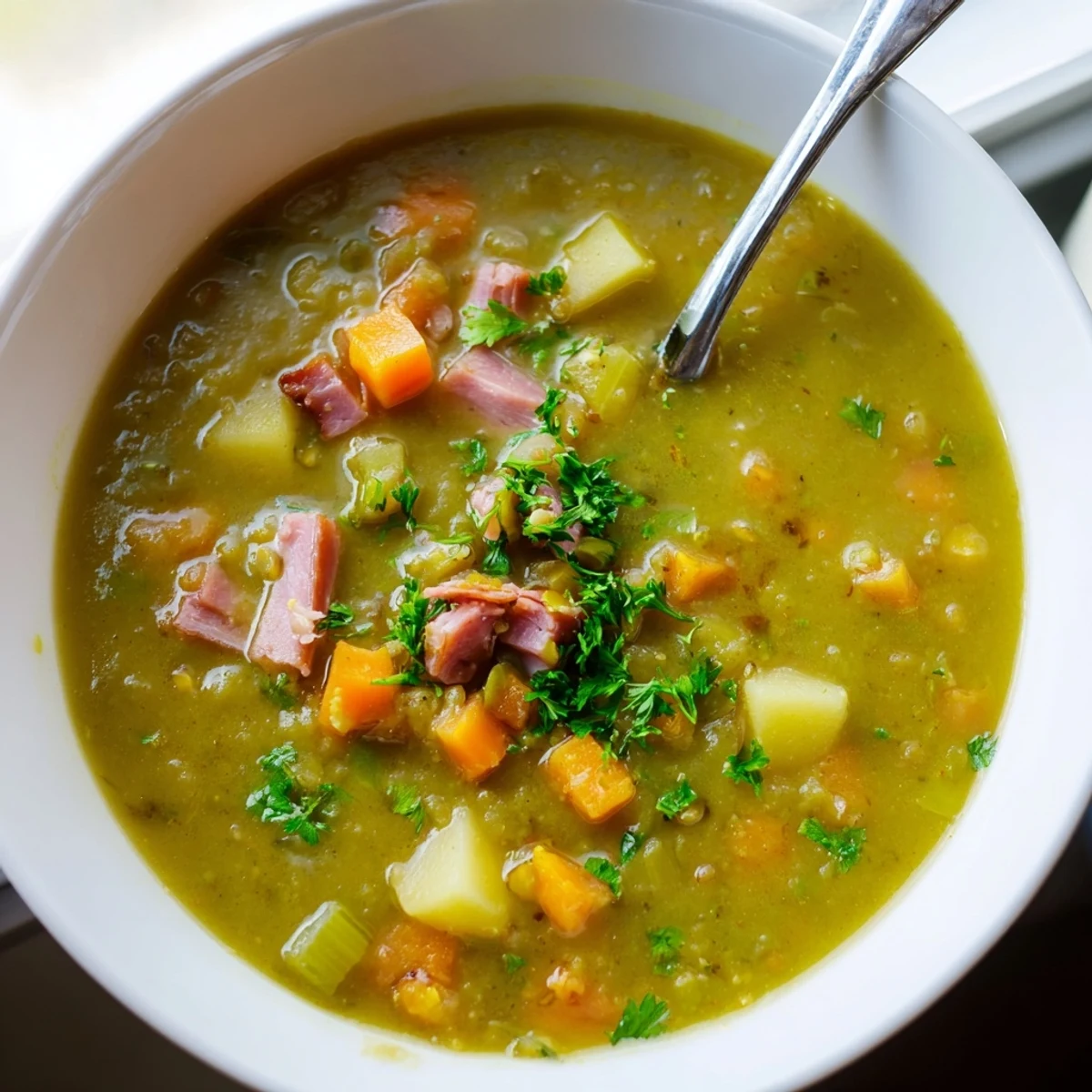Golden hearty split pea soup thickened perfectly with diced potatoes and savory smoked ham pieces