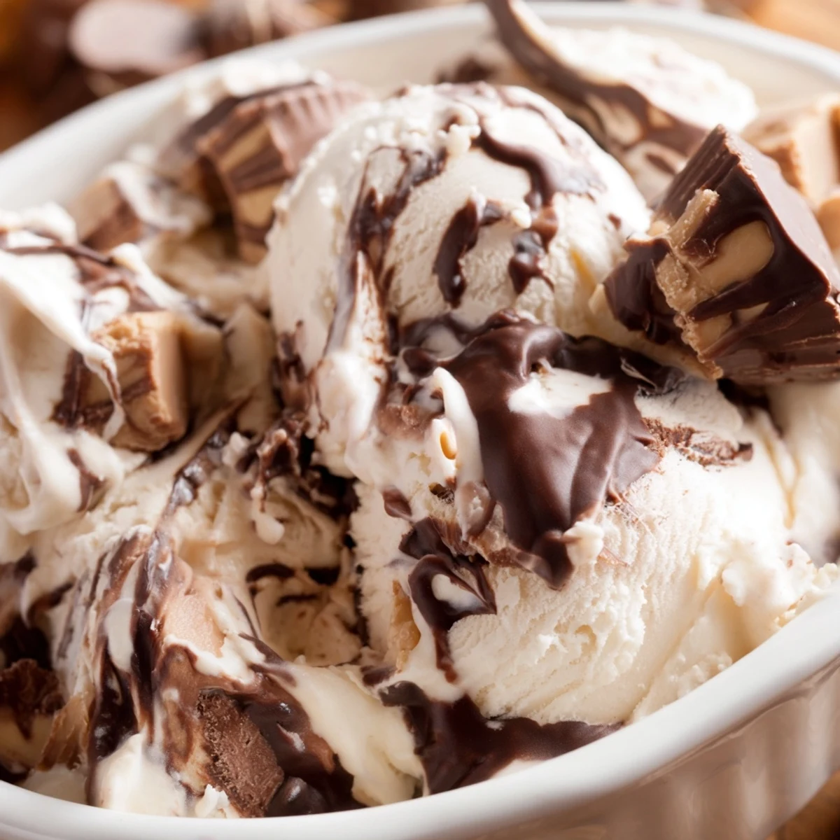 Scoop of vanilla moose tracks ice cream topped with fudge ribbons and peanut butter cup pieces