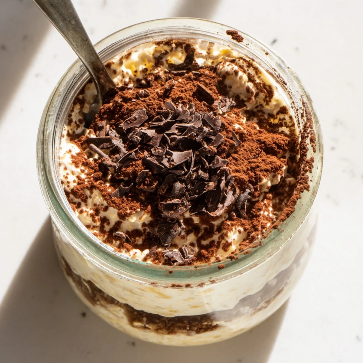 Glass jar displaying layered tiramisu overnight oats with cocoa-dusted top and chocolate shavings