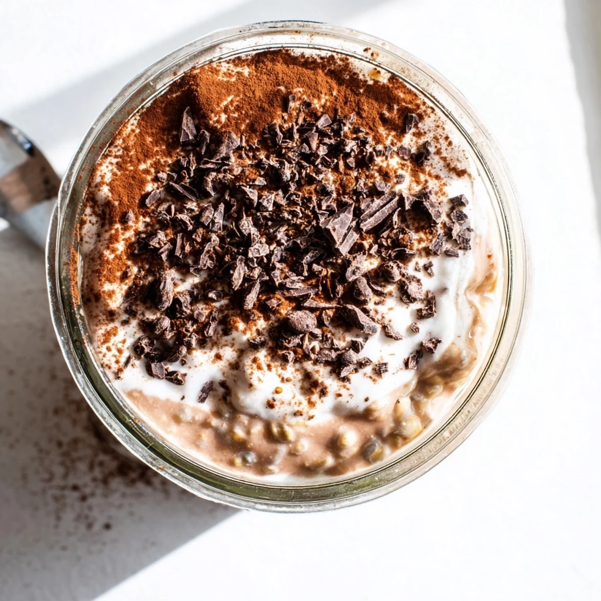 Close-up of tiramisu overnight oats showing coffee swirls and mascarpone layers in clear jar